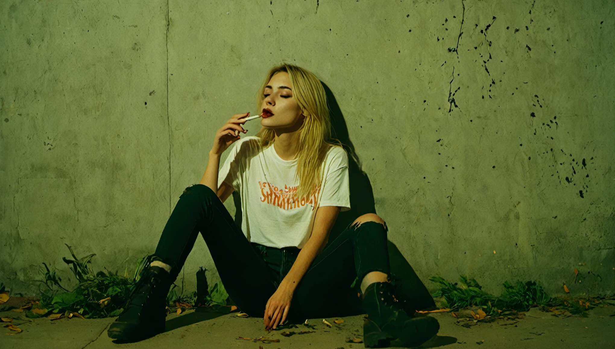Raw, film grain effect, at night, young woman, of slavic decent, sharp jaw, dark eyeliner, winged eyeliner, blonde hair, she is smoking a cigarette: 1.0, dried blood from her nose: 1.2 , wolf cut hairstyle: 1.5, aesthetically messy hair: 1.8, perfect hands: 1.3, she's wearing a white stained t-shirt: 1.0, she's wearing skinny ripped black jeans: 1.5, she's wearing black casual boots: 1.2, she's relaxed, she's sitting down with her back against a wall, dark outside: 1.5, warm orange glow from street light: 1.5, downwards facing light source: 1.8, solid concrete wall behind her: 1.5, empty street around her: 1.9, extremely detailed, highly detailed, high quality, masterpiece, 4k, 8k, full sharp, realistic