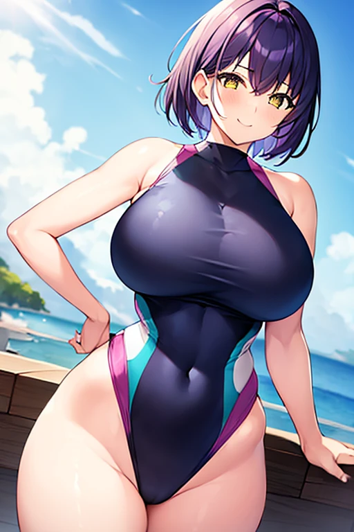 1girl, large breasts, breasts, wide hips, thick thighs, purple hair, short hair, very short hair, yellow eyes, one-piece swimsuit, blue swimsuit, competition swimsuit, black one-piece swimsuit, light smile, smile
