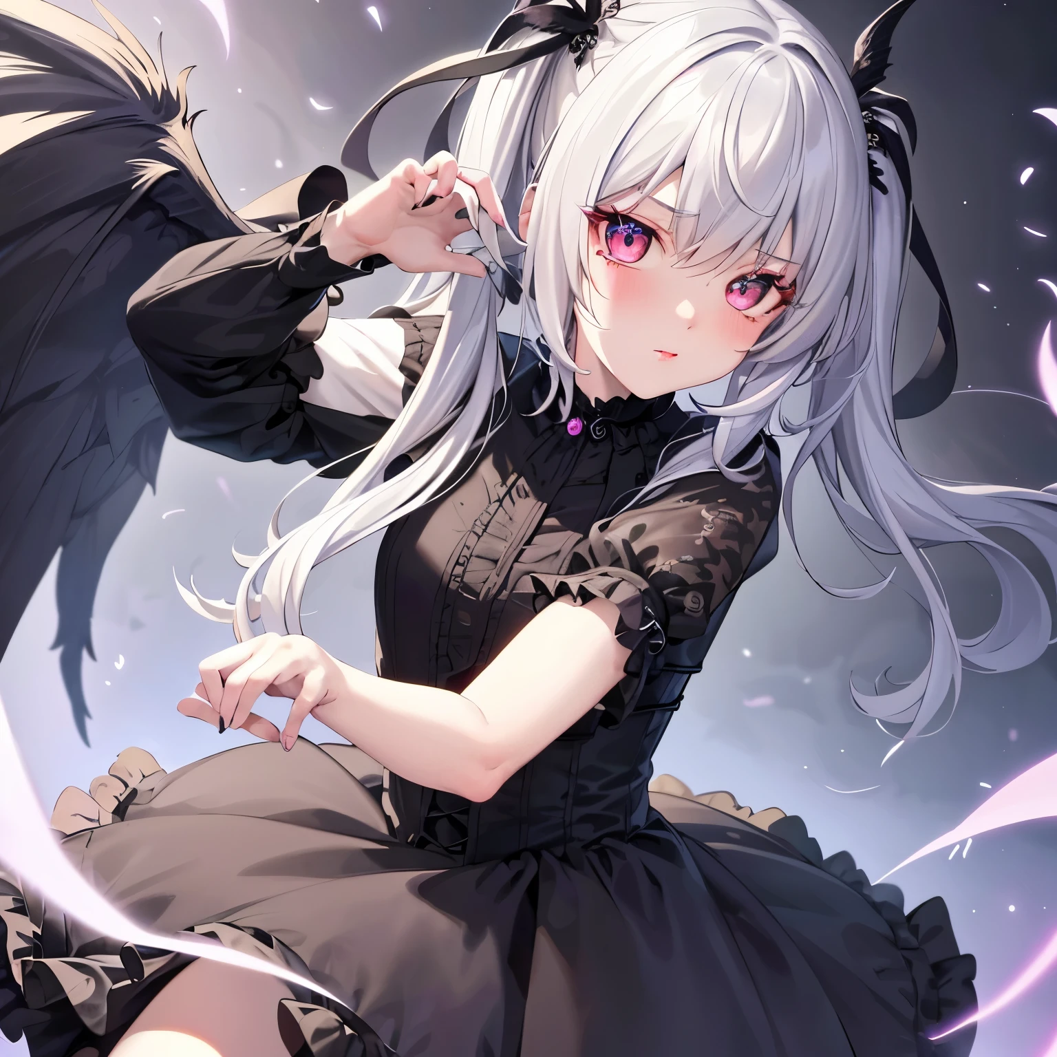 (1 Goth girl), Gothic, twintails, white hair, velvet rendezvous dress, Beautiful and demanding girls' wardrobe, Gothic, wings, blue (vibrant), Bold strokes, gradient mixtures, moving blur effect, shimmering textures, dynamic composition, atmospheric perspective, impressionistic, (masterpiece), (highest quality), Incredible, (beautiful and detailed eyes), (fine details), depth of field, Extremely detailed CG, unique, extremely detailed wallpaper, (vibrant colors), cinematic lighting, (colorful), blushing. (An image of a beautiful and detailed goth