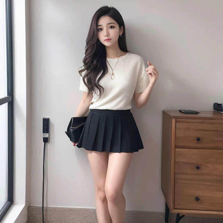 debris flies、highest quality、super fine、got it、High resolution、8k wallpaper、perfect dynamic composition、(((Full body Esbian)))、((from below))、20 year old cute girl、detailed beautiful face、delicate and cute eyes、fine-textured skin、My cheeks turned red、(wavy black hair)、thin legs、Please generate at the eaves、take a selfie with your mobile phone、room、wearing short sleeve knitwear、wear a skirt、white background、I can see your pants、panty shot