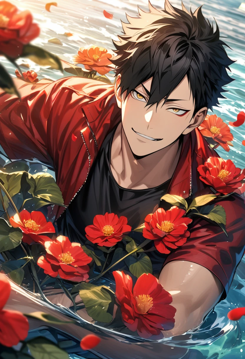 Ultra detailed, highres, absurdres, HDR, Kuroo Tetsurou, black hair, golden eyes, Haikyuu, smirking, red jacket, 1 man only, handsome, black tight t-shirt, summer, water, flowers and petals,