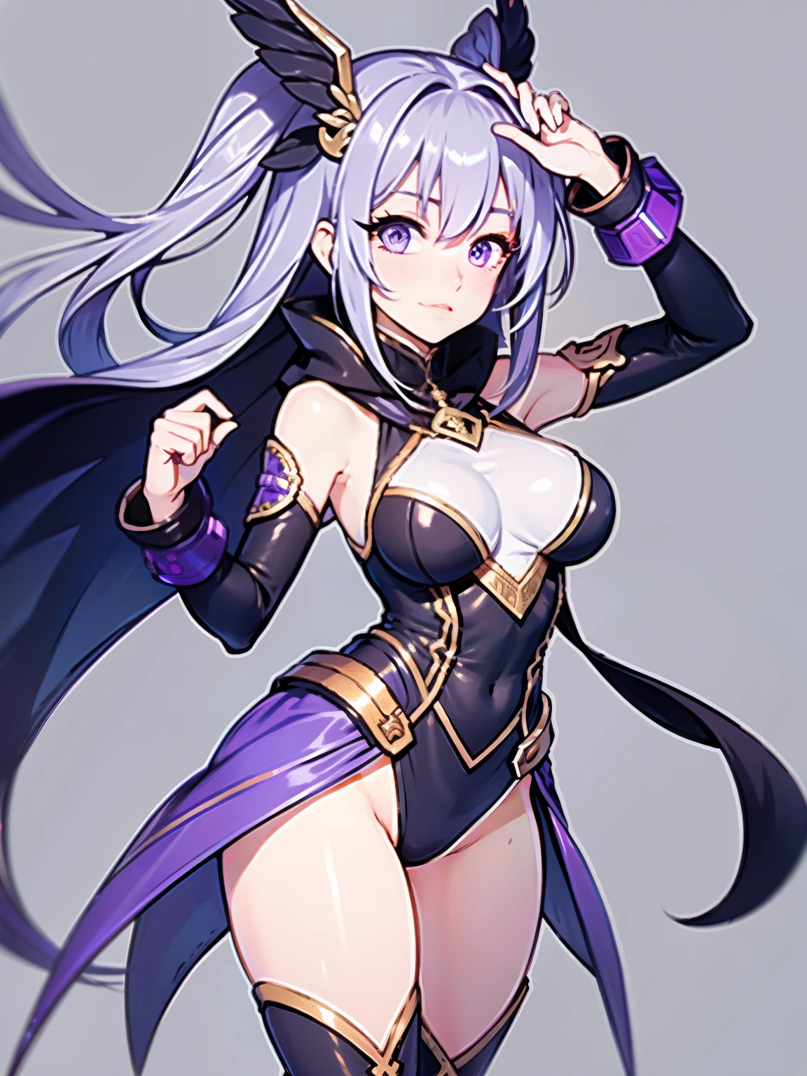 1girl has a tall figure and has is long, purple hair. She wears a white leotard, combined with black line elements. She wears a white hair ornament and carries an extremely large golden sword. bare legs, white boots, full body, medium breasts