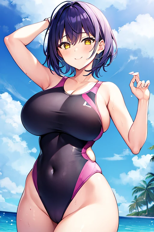 1girl, large breasts, breasts, wide hips, thick thighs, purple hair, short hair, very short hair, yellow eyes, one-piece swimsuit, blue swimsuit, competition swimsuit, black one-piece swimsuit, light smile, smile