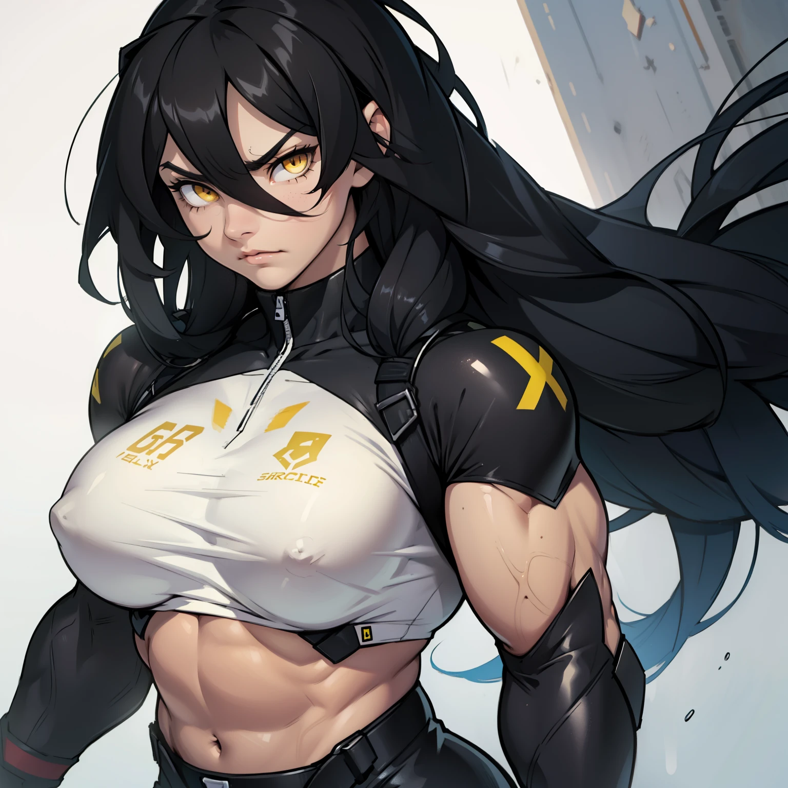 (((muscular girl))) sad frown very long hair black hair messy hair hair between eyes yellow eyes pale skin solo large breasts