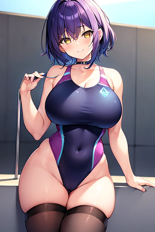 1girl, large breasts, breasts, wide hips, thick thighs, purple hair, short hair, very short hair, yellow eyes, one-piece swimsuit, blue swimsuit, competition swimsuit, black one-piece swimsuit, light smile, smile