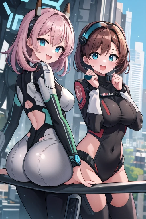 2 ragazze diverse viste da dietro,ass support,guardandole da dietro,large full ass,large full breasts,felice di stare con te,enorme culo,enormi tette,ultra-highres, ultra-detailed, best quality,perfect hands,2 ragazze,2 Titanfall 2 pilots uniform girls,hi-fi city background,2 girls,Titanfall 2 helmets,happy face,:D,2 girls,horny face,horny pose,horny,hot face