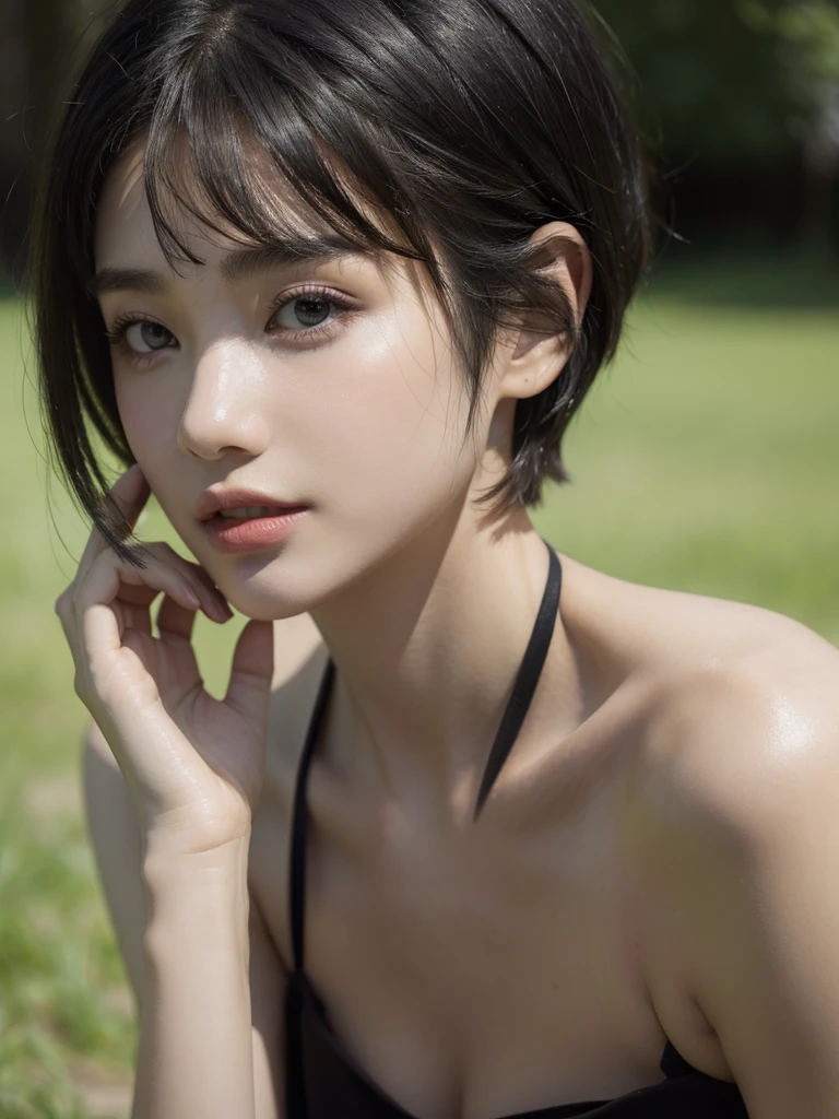 ( masterpiece, top quality, best quality,8k,17 years old girl,ultra detailed,raw photo:1.5),(photorealistic:1.4), (Pixie Cut Hairstyle, black hair:1.5), (cinematic lighting), PerfectNwsjMajic, , Surrealism, UHD, ccurate, Super detail, textured skin, High detail, Best quality, dynamic angle, White skin,[Beautiful blue eyes], high nose,[flat chest:large breasts:0.5],(1girl),(good anatomy:0.5)),(outside ),
