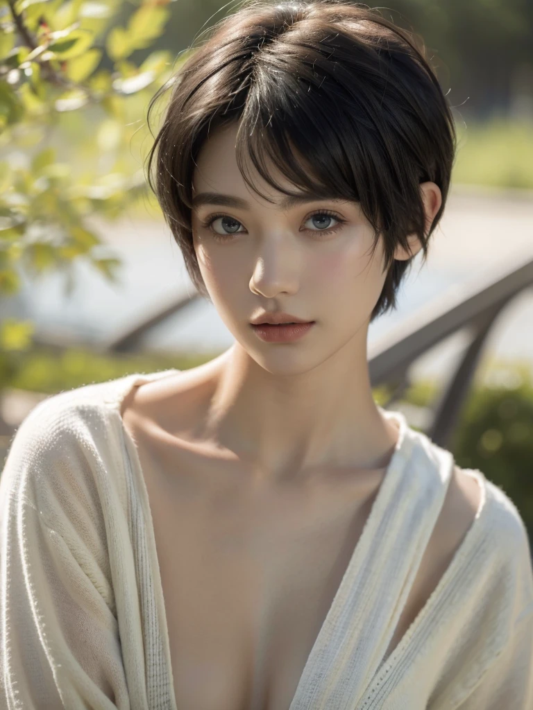 ( masterpiece, top quality, best quality,8k,17 years old girl,ultra detailed,raw photo:1.5),(photorealistic:1.4), (Pixie Cut Hairstyle, black hair:1.5), (cinematic lighting), PerfectNwsjMajic, , Surrealism, UHD, ccurate, Super detail, textured skin, High detail, Best quality, dynamic angle, White skin,[Beautiful blue eyes], high nose,[flat chest:large breasts:0.5],(1girl),(good anatomy:0.5)),(outside ),