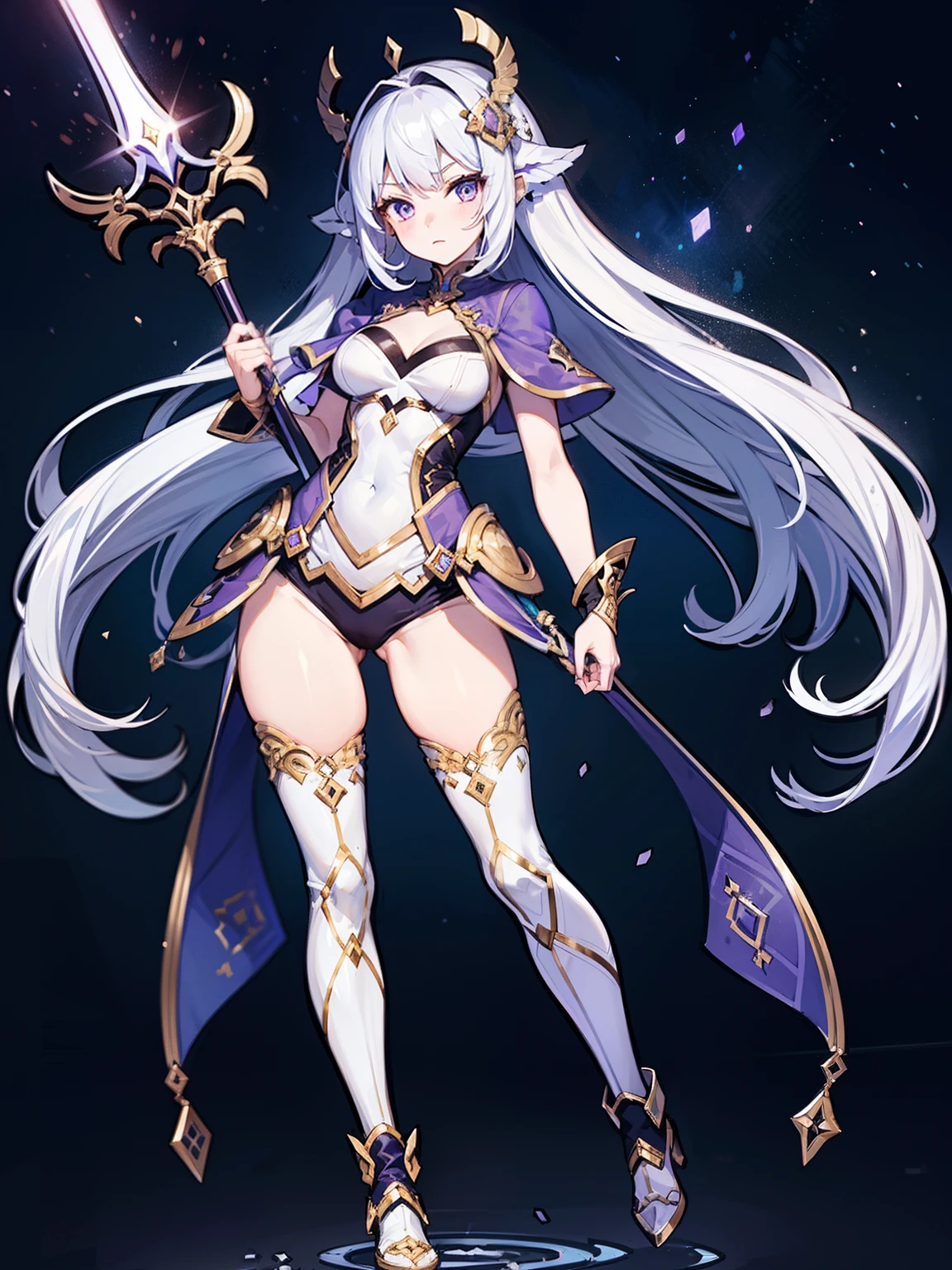 1girl has a tall figure and has is long, purple hair. She wears a white leotard, combined with black line elements. She wears a white hair ornament and carries an extremely large golden sword. bare legs, white boots, full body, medium breasts