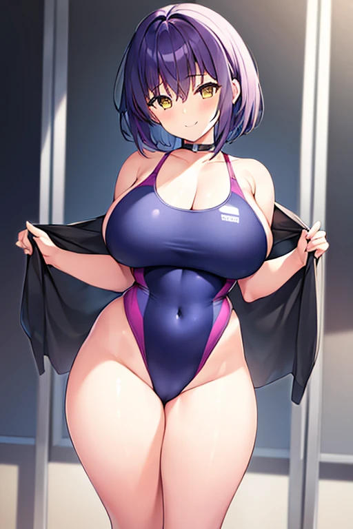 1girl, large breasts, breasts, wide hips, thick thighs, purple hair, short hair, very short hair, yellow eyes, one-piece swimsuit, blue swimsuit, competition swimsuit, black one-piece swimsuit, light smile, smile
