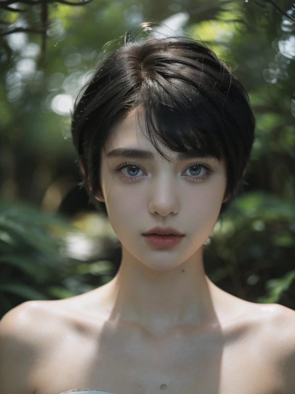 ( masterpiece, top quality, best quality,8k,17 years old girl,ultra detailed,raw photo:1.5),(photorealistic:1.4), (Pixie Cut Hairstyle, black hair:1.5), (cinematic lighting), PerfectNwsjMajic, , Surrealism, UHD, ccurate, Super detail, textured skin, High detail, Best quality, dynamic angle, White skin,[Beautiful blue eyes], high nose,[flat chest:large breasts:0.5],(1girl),(good anatomy:0.5)),(outside ),