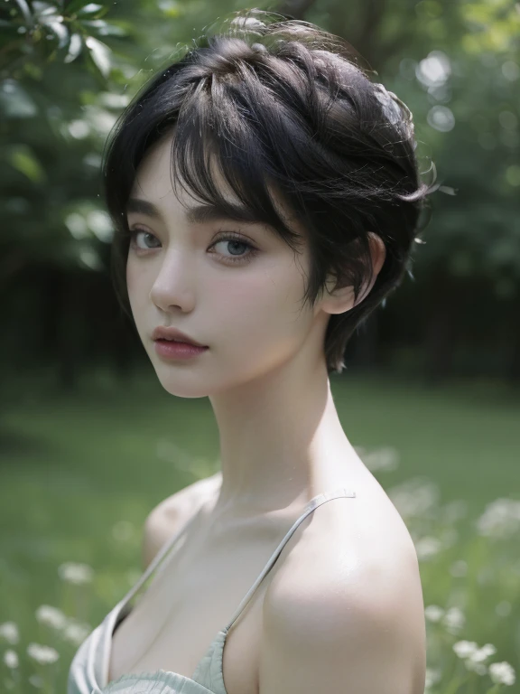 ( masterpiece, top quality, best quality,8k,17 years old girl,ultra detailed,raw photo:1.5),(photorealistic:1.4), (Pixie Cut Hairstyle, black hair:1.5), (cinematic lighting), PerfectNwsjMajic, , Surrealism, UHD, ccurate, Super detail, textured skin, High detail, Best quality, dynamic angle, White skin,[Beautiful blue eyes], high nose,[flat chest:large breasts:0.5],(1girl),(good anatomy:0.5)),(outside ),