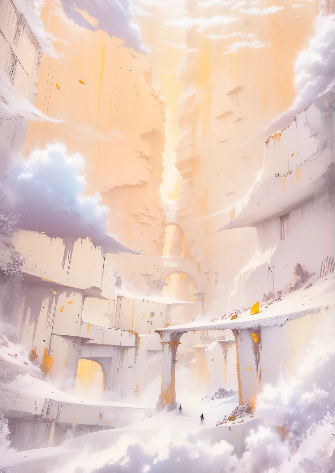 Steep White Cliff, Rolling cliff mist, Gold and White color scheme only, Gold and White colors only, Gold and White, Deep Color, Intricate, 8k resolution concept art, Natural Lighting, Beautiful Composition