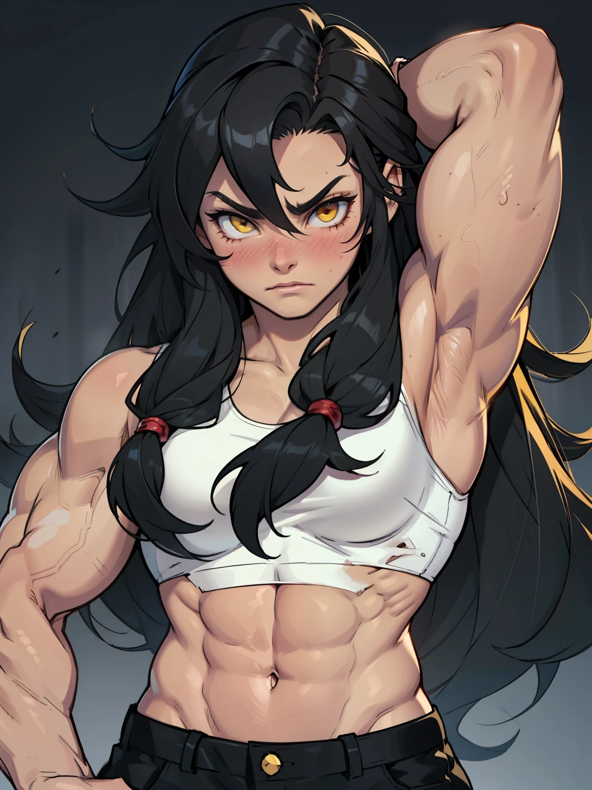 (((muscular girl))) angry blush very long hair black hair messy hair hair between eyes yellow eyes pale skin solo