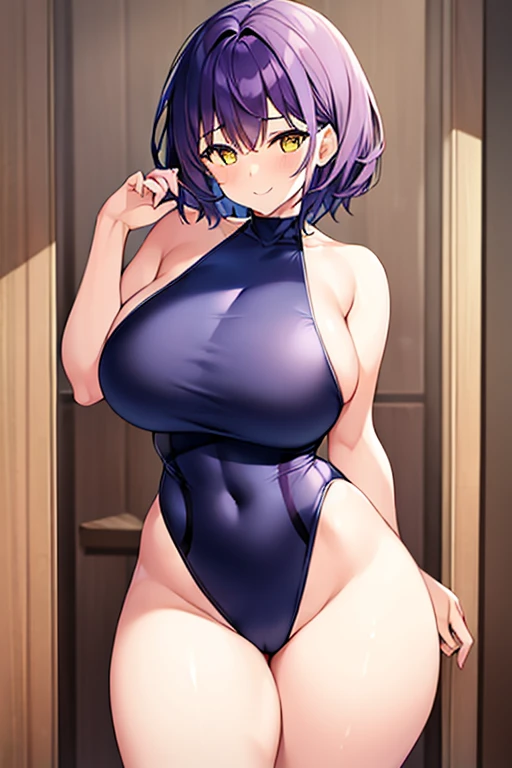 1girl, large breasts, breasts, wide hips, thick thighs, purple hair, short hair, very short hair, yellow eyes, one-piece swimsuit, blue swimsuit, competition swimsuit, black one-piece swimsuit, light smile, smile, hourglsss figure, toned, toned female, tall, tall female