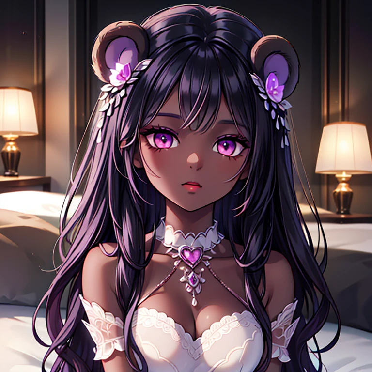 (Ultra-Detailed:1.2), (8K, Best Quality), (Face Close-Up), (Masterpiece:1.2), (Illustration:1.2), (Shiny Black Skin Color), (Cinematic Lighting), (1Girl), (Glowing Eyes), (Glamorous Hairstyle), Pinterest Trends, DeviantArt Trends, (Delicate Detailed), (Intricate Details), (Octane Render), (Glowing Accessories), (Detailed Glowing Room With Lots Of Teddy Bears:1.2), (Purple Glamorous Look), (Sitting On A Bed:1.2), (Holding A Teddy Bear:1.2), (Pastel Colors)