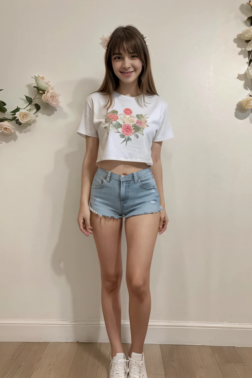Masterpiece, a young beautiful girl, smiling, looking at the camera, standing in front of a clump of roses, wearing shorts and t-shirt, white sneakers. Wearing a top and shorts, flowers, full-body photo, casual pose, slender legs