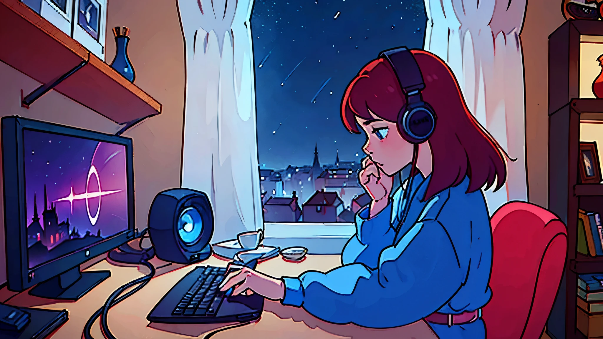 lofistudy, a girl, from side, typing, redhead, blue eyes, chair, computer, headphones, indoors, monitor, curtains, night, window, france paris background