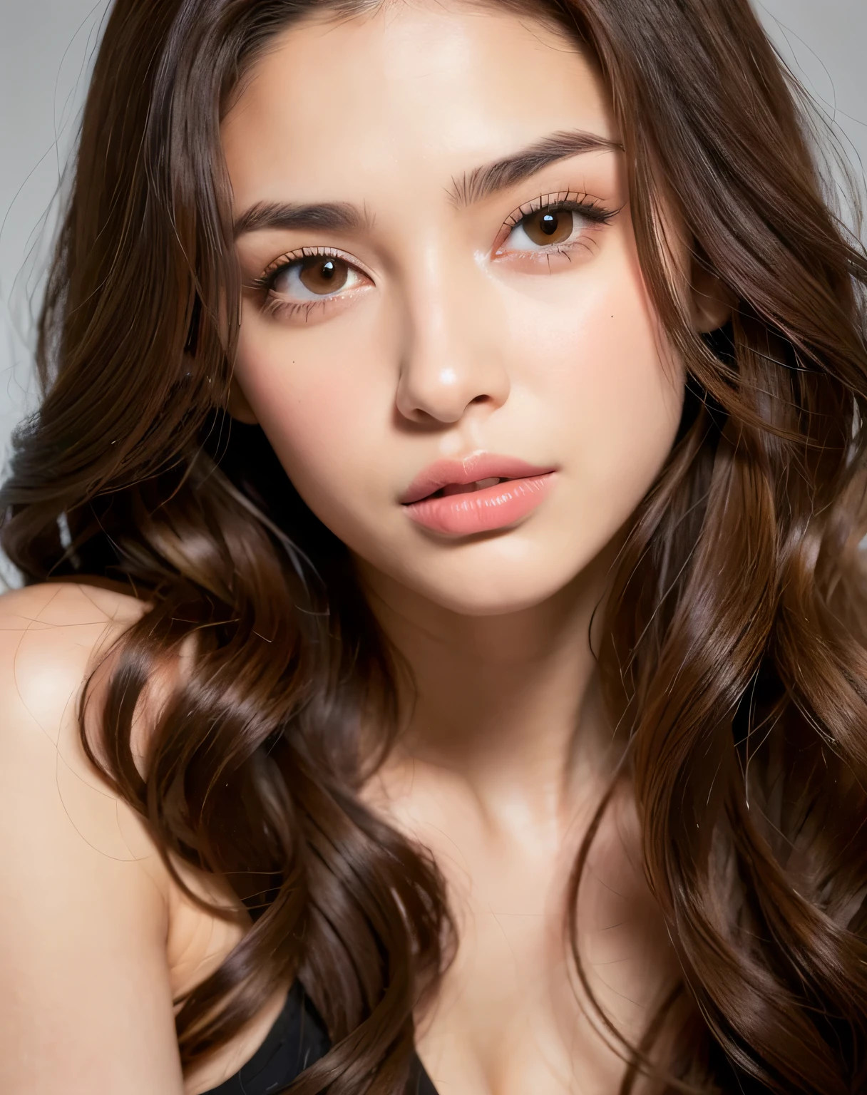 best quality, face focus, (long hair), very beautiful,cute, attractive and pretty young woman. latina face, well defined jawline, long curly hair, dark brown hair,brown colored eyes, beautiful as idiols, curvaceous figure., thick, long lashes, fair-skinned, plump and glossy lips