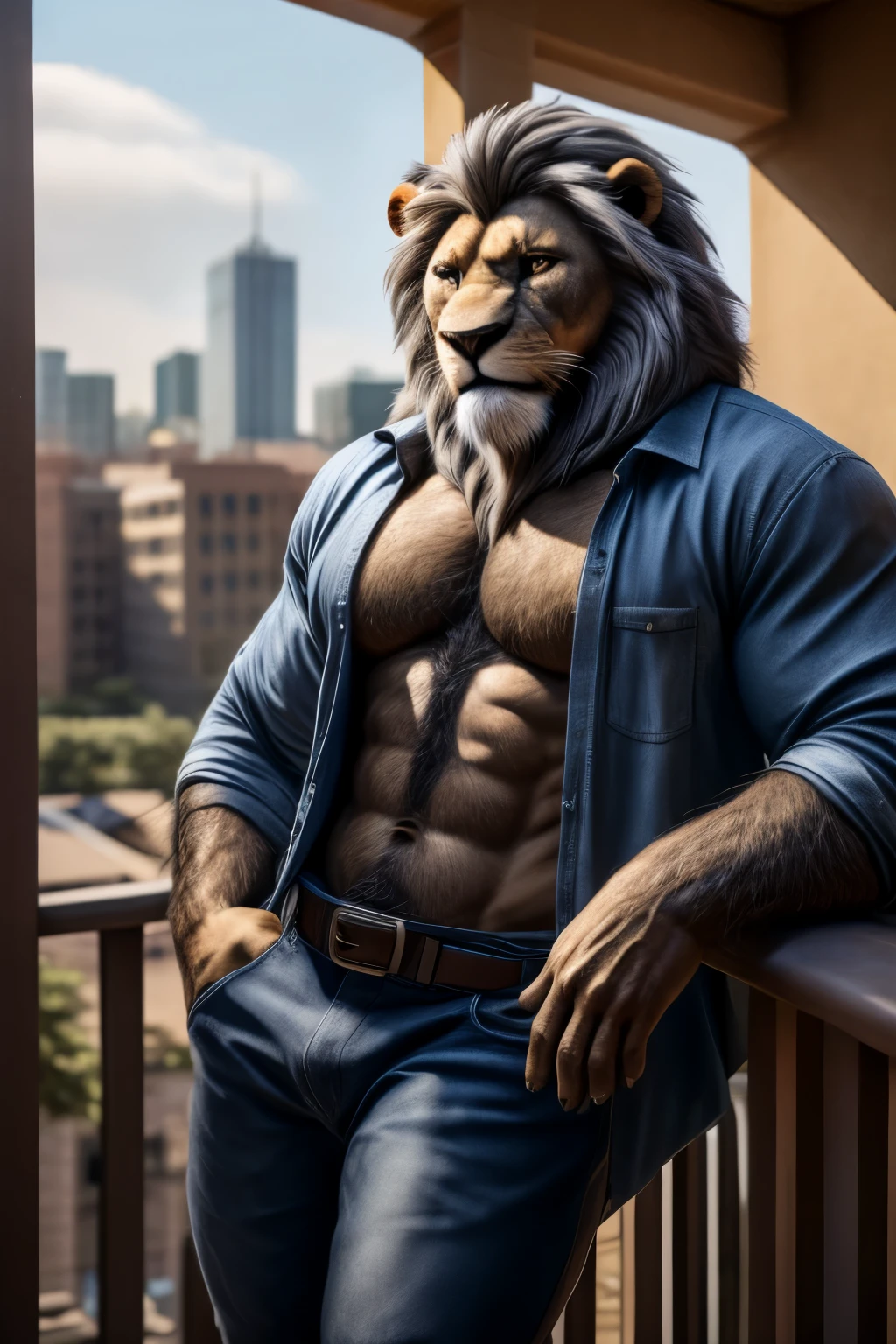 realistic photo scene 8k UHD ((ultra detailed masterpiece)), older handsome man, anthro lion, short dark-gray hair, muscular, open shirt, hairy chest, leaning on a balcony, living room background, jeans pants