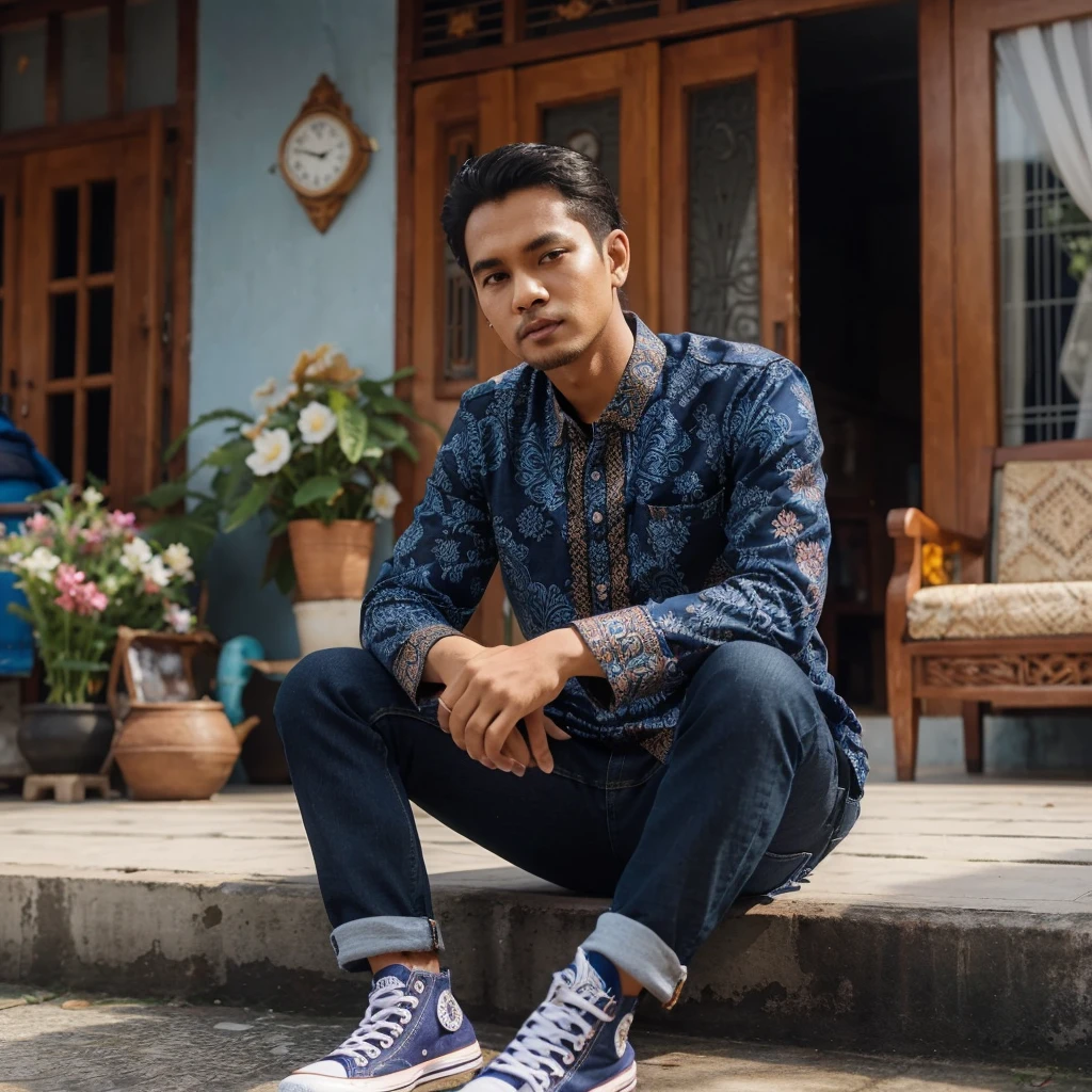 seorang pria indonesia umur 30 tahun kulit sawo matang memakai batik biru tua celana jeans sepatu converse memakai peci songkok kopyah warna biru tua berada di depan rumah suasana hari raya idul fitri lebaran hd