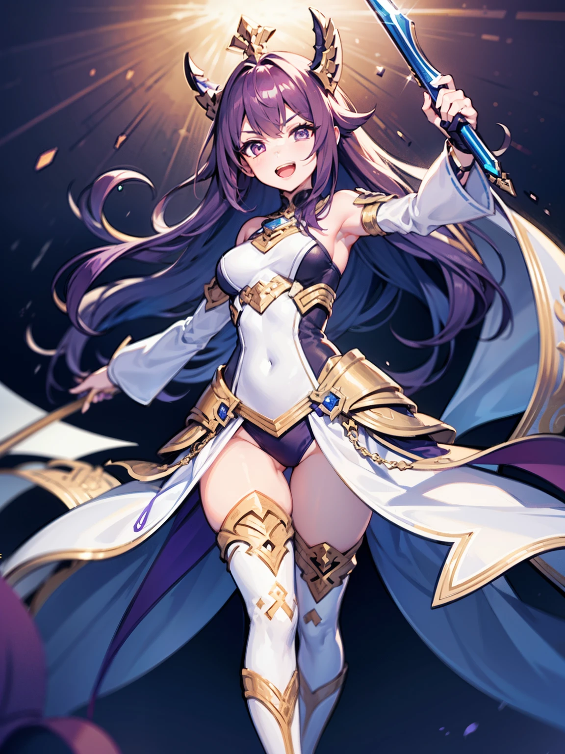 1girl has a tall figure and has long, medium purple hair. She wears a white leotard, combined with black line elements. She wears a white hair ornament and carries an extremely large golden sword. bare legs, white boots, full body, medium breasts