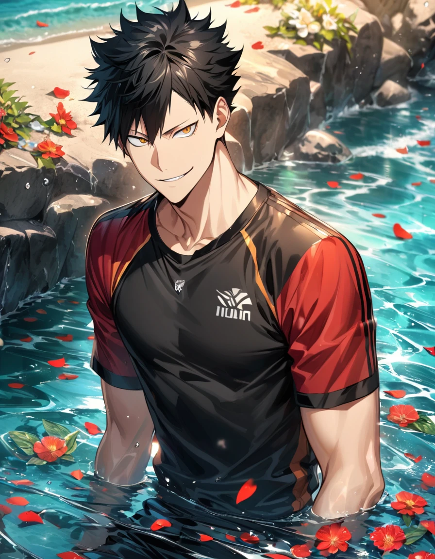 Ultra detailed, highres, absurdres, HDR, Kuroo Tetsurou, black hair, golden eyes, Haikyuu, smirking, red jacket, 1 man only, handsome, black tight t-shirt, summer, water, flowers and petals,