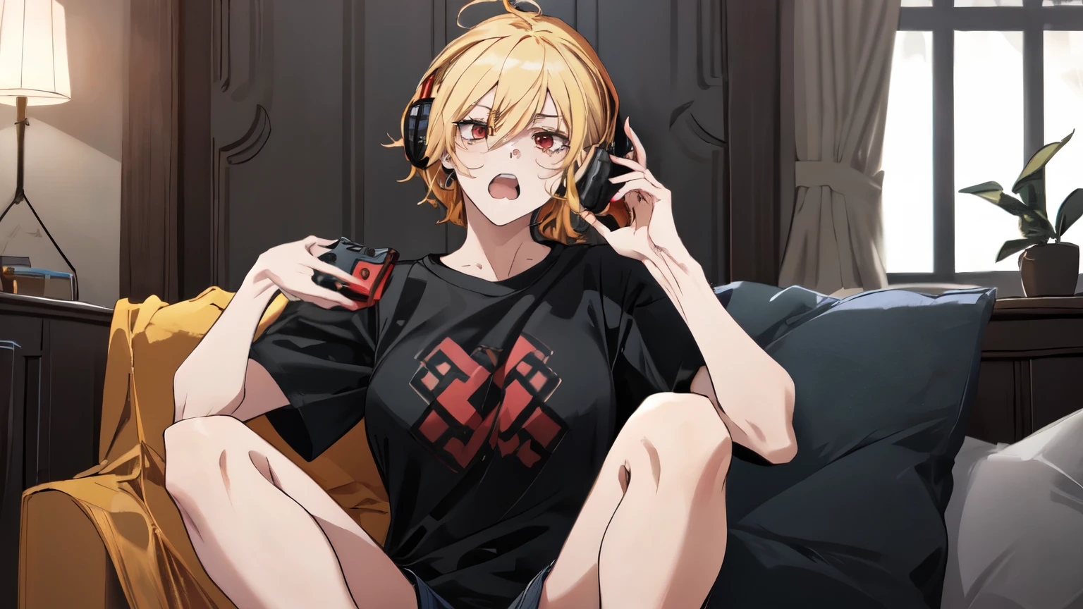 1girl , masterpiece, best quality, t-shirt, black shirt , indoors, short hair, yellow hair, living room, hair between eyes, large breasts, playing games, game controller, , sitting on person, angry face , red eyes, screaming , open mouth , very angry , shouting , from below , headset