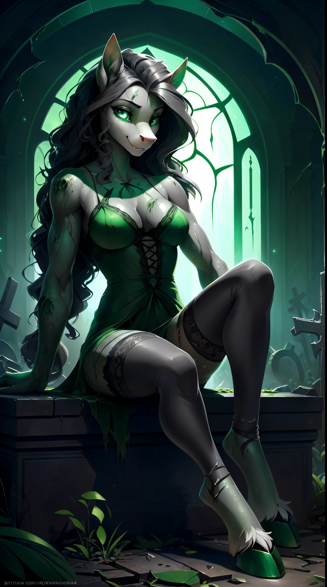 uploaded on e621, by Bayard Wu, by Thomas Benjamin Kennington, by Einshelm, solo anthro, ((Portrait)), ((Wear a random decayed lace dress)), torn clothes, (detailed Bonifasko lighting), (Detailed fur), (detailed skin), ((rotten flesh:1.4)), (Cinematic lighting), ((Detailed background, graveyard, grave, at night)), (half body shadow), [ambient light on the belly], [explicit content], [sharp-focus], (shaded), (blue eyes, pale eyes, ectoplsma glow), (long gray hair, disheveled hair), Average Breasts, pectoral muscles, Fluffy pony, MLP, My Little Pony, ((grey and green decayed skin:1.5)), (fluffy fur), fluffy tights, fluffy chest, furry fantasy art, anthro art, commission for high res, Furry art, pov furry art, Sakimichan is beautiful, Best Quality, Detailed image, Bright colors, Detailed Face, perfect lighting, Perfect shadows, Perfect eyes, focus on girl, gorgeous body, Hourglass body, shiny body, feet focus (hooves in stockings), Fluffy, fluffy girl, Body fur, ((Animal nose, pony muzzle)), Playful look, half closed eyes, 1girl, full body, Detailed fur, Balanced coloring, ((Long curly mane, curly pony tail)), Furry, anthro, (attractive body), perfect legs, ((horror, scary movie)), [(zombie, ghost)], Sitting on the edge of the grave