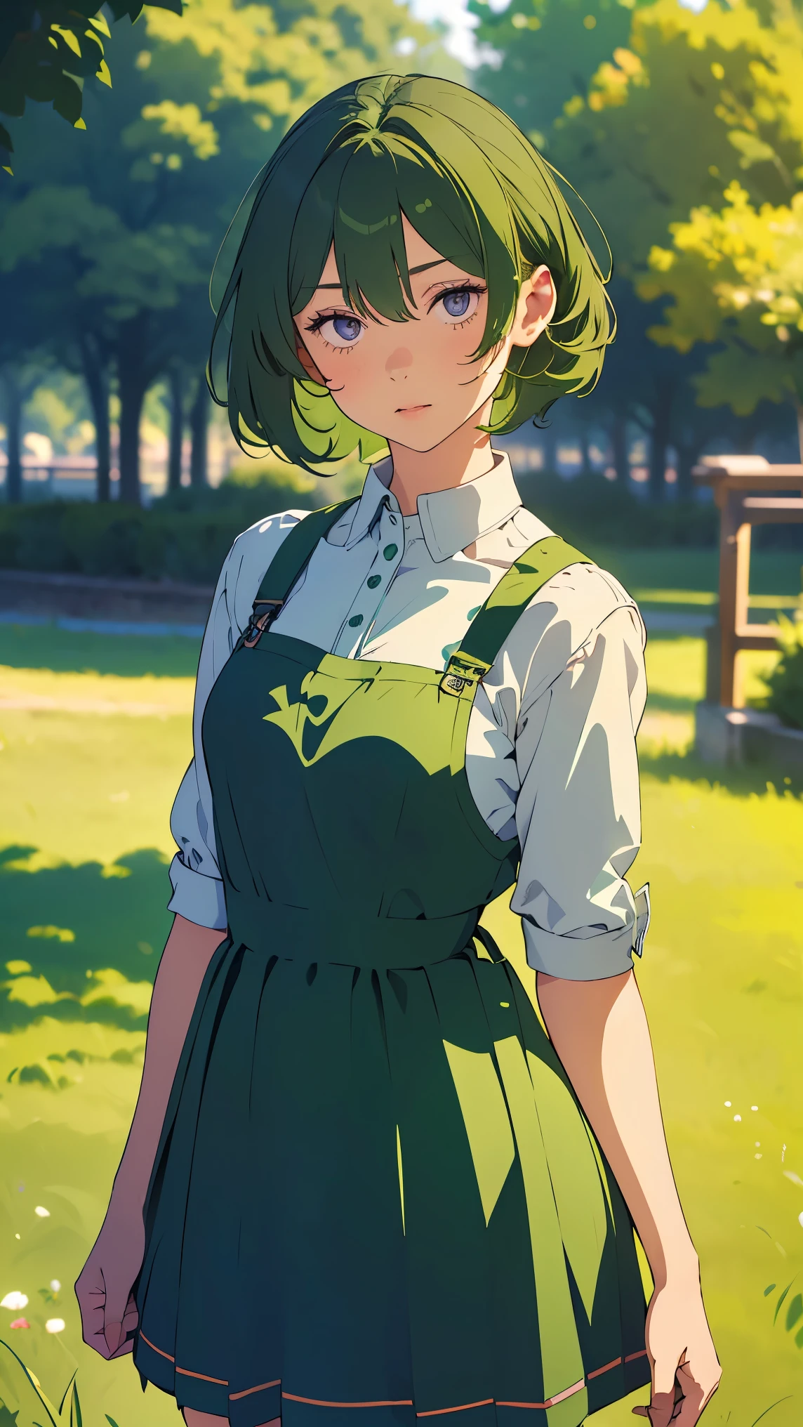 Girl1,dark green hair(Pinafore green Dress),(Stand in a public park),Highly detailed ,8K wallpapers،Highest quality, high resolution, beautiful lighting, realistic shadow, high resolution،(highly detailed, detailed faces and eyes, realistic eyes,full body,Looking at the viewer,cowboy shot) 