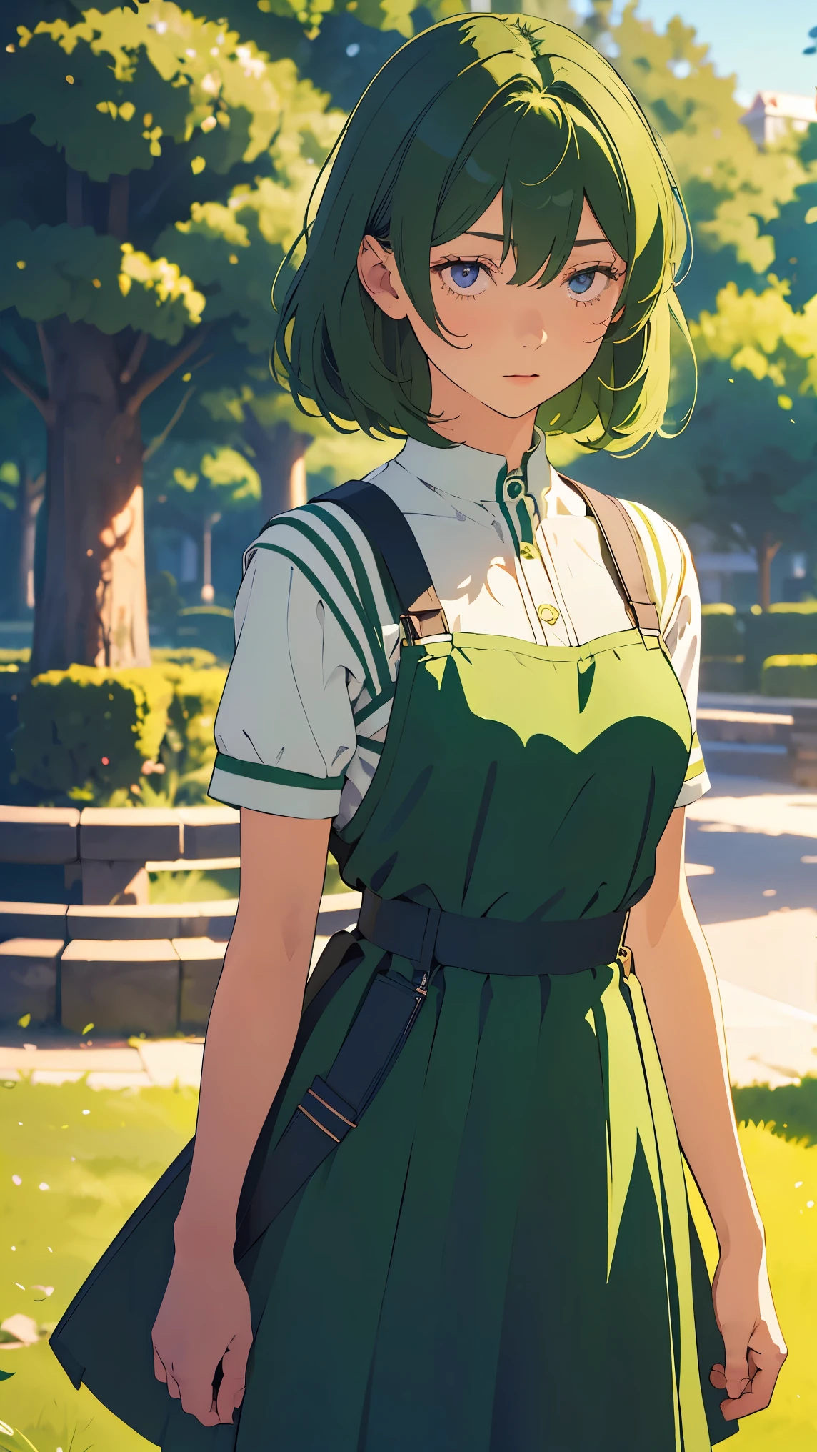 Girl1,dark green hair(Pinafore green Dress),(Stand in a public park),Highly detailed ,8K wallpapers،Highest quality, high resolution, beautiful lighting, realistic shadow, high resolution،(highly detailed, detailed faces and eyes, realistic eyes,full body,Looking at the viewer,cowboy shot) 