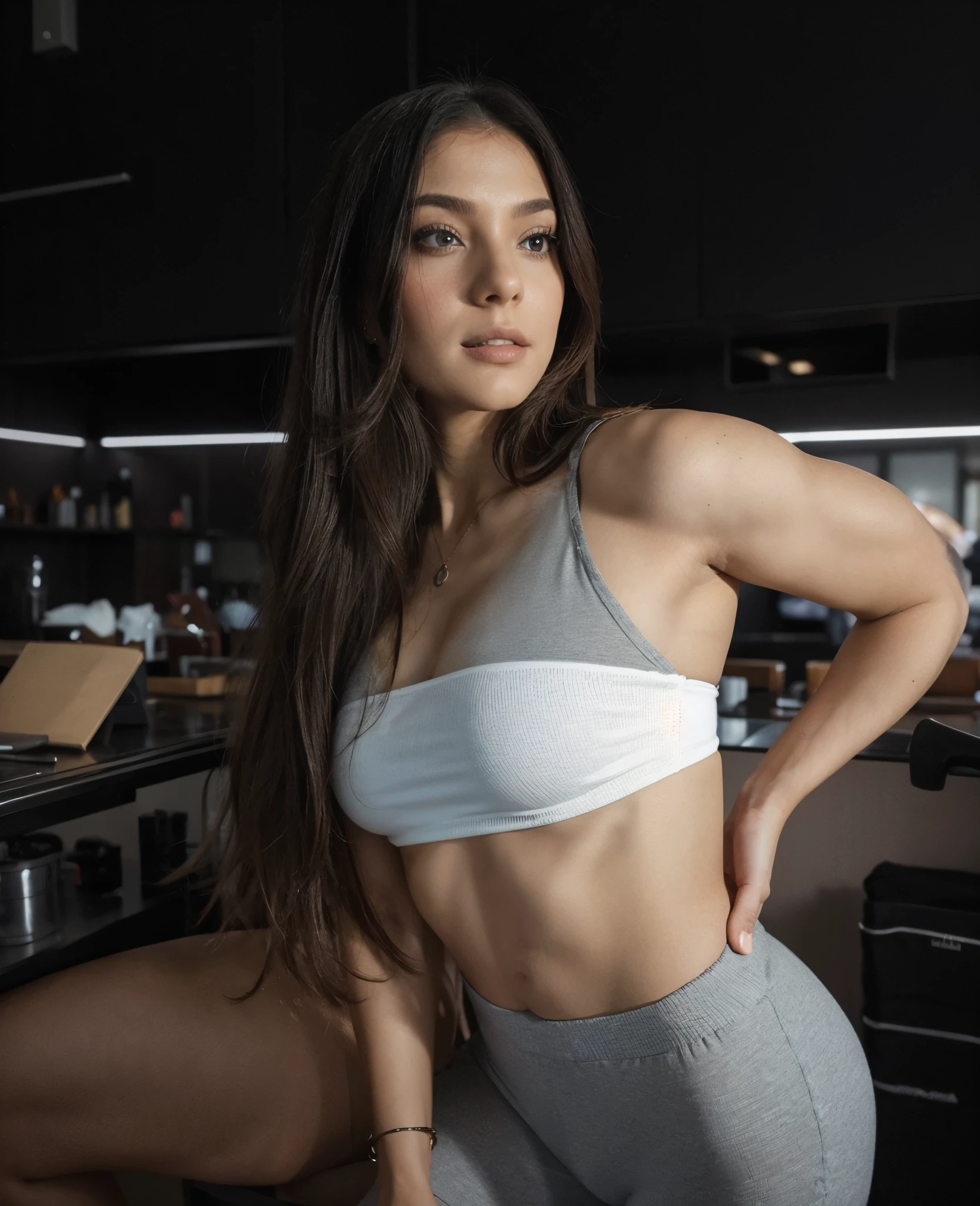 Make Larissa in this same pose wearing an identical outfit in an identical setting, cabelo castanho escuro, com roupa de academia colada, na academia