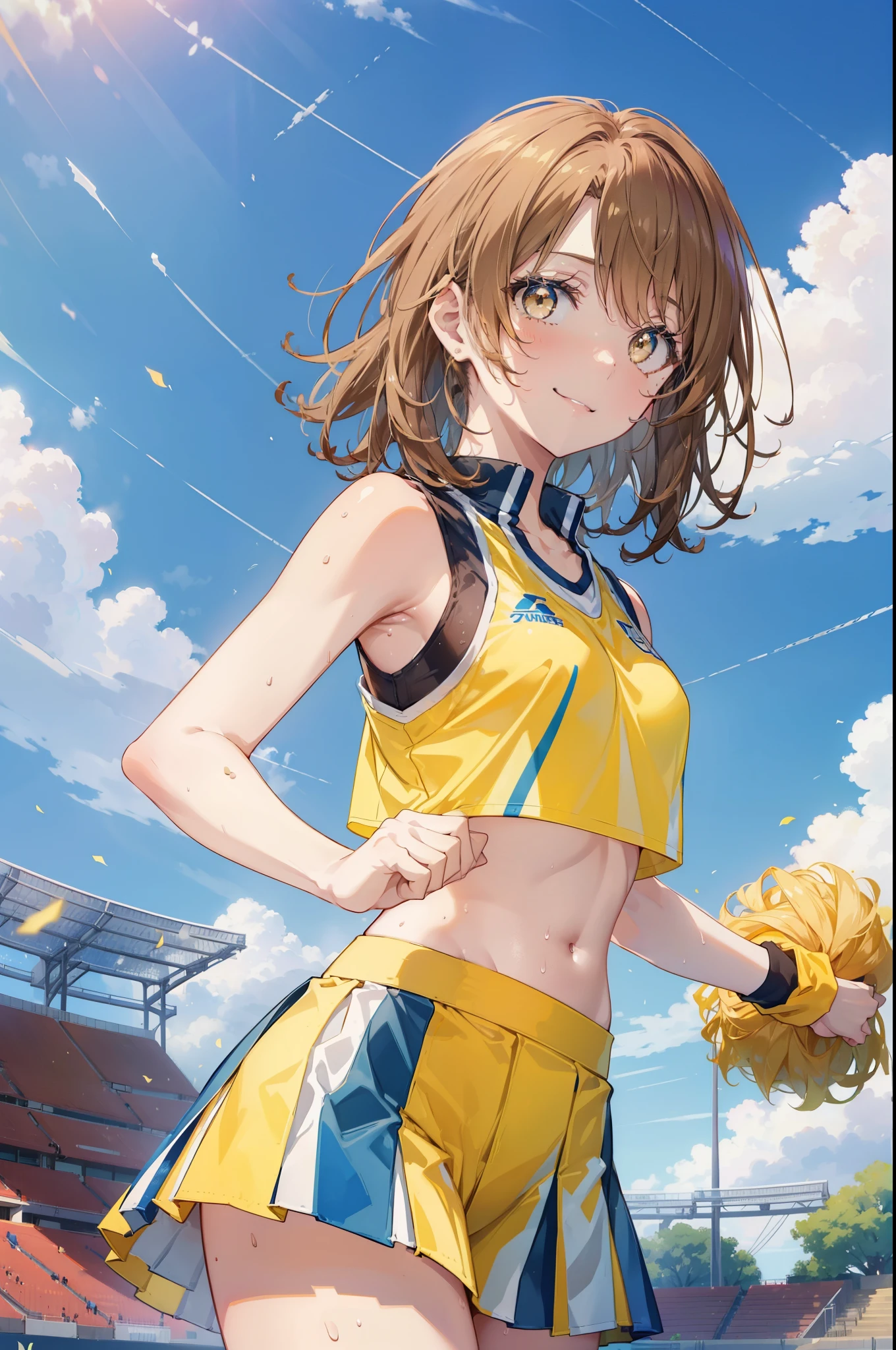 irohaisshiki, iroha isshiki, short hair, brown hair, (brown eyes:1.5), smile,happy smile, smile, open your mouth,(cheer leading), (whole body), big breasts, lower, (sweaty), sweaty Wet Clothes, (yellow clothes),Yellow pleated skirt,sneakers , Navel support, playground, (jump), (jump), 足を曲げてjumpする, air, blue sky, Grass原, smile
チアリーダー, pom pom \(cheer leading\), Grass, smile, 
break outdoors,stadium,
break looking at viewer,(cowboy shot:1.5),
break (masterpiece:1.2), highest quality, High resolution, unity 8k wallpaper, (figure:0.8), (detailed and beautiful eyes:1.6), highly detailed face, perfect lighting, Very detailed CG, (perfect hands, perfect anatomy),
