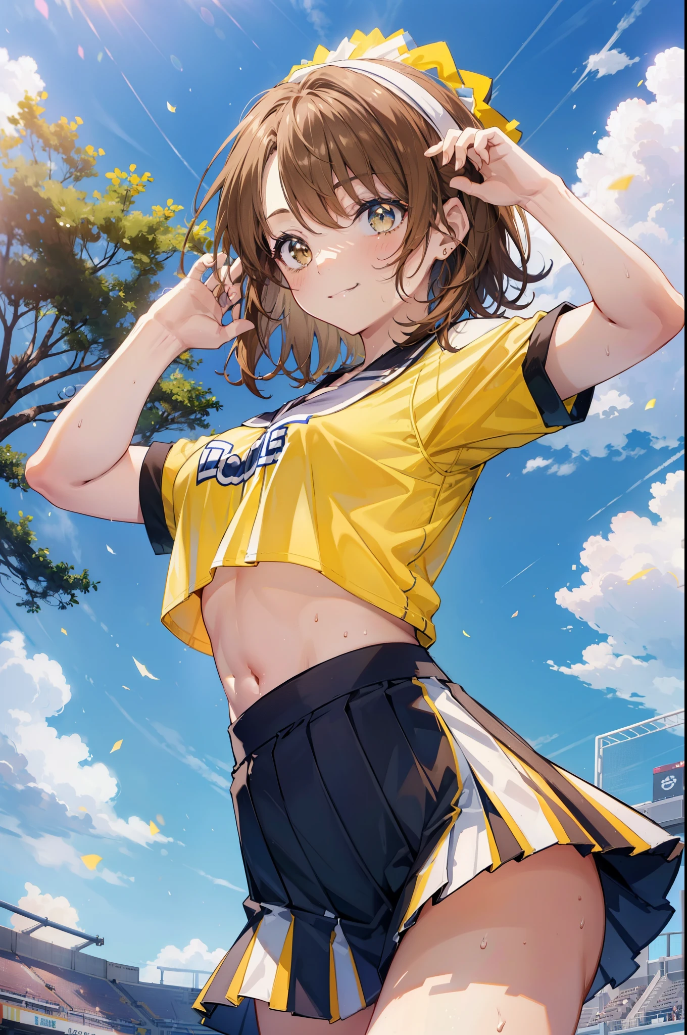 irohaisshiki, iroha isshiki, short hair, brown hair, (brown eyes:1.5), smile,happy smile, smile, open your mouth,(cheer leading), (whole body), big breasts, lower, (sweaty), sweaty Wet Clothes, (yellow clothes),Yellow pleated skirt,sneakers , Navel support, playground, (jump), (jump), 足を曲げてjumpする, air, blue sky, Grass原, smile
チアリーダー, pom pom \(cheer leading\), Grass, smile,
break outdoors,stadium,
break looking at viewer,(cowboy shot:1.5),
break (masterpiece:1.2), highest quality, High resolution, unity 8k wallpaper, (figure:0.8), (detailed and beautiful eyes:1.6), highly detailed face, perfect lighting, Very detailed CG, (perfect hands, perfect anatomy),