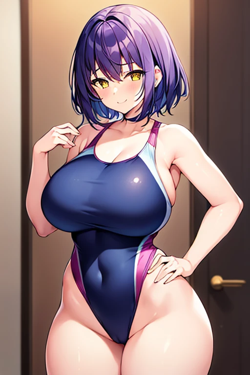 1girl, large breasts, breasts, wide hips, thick thighs, purple hair, short hair, very short hair, yellow eyes, one-piece swimsuit, blue swimsuit, competition swimsuit, black one-piece swimsuit, light smile, smile, hourglsss figure, toned, toned female, tall, tall female