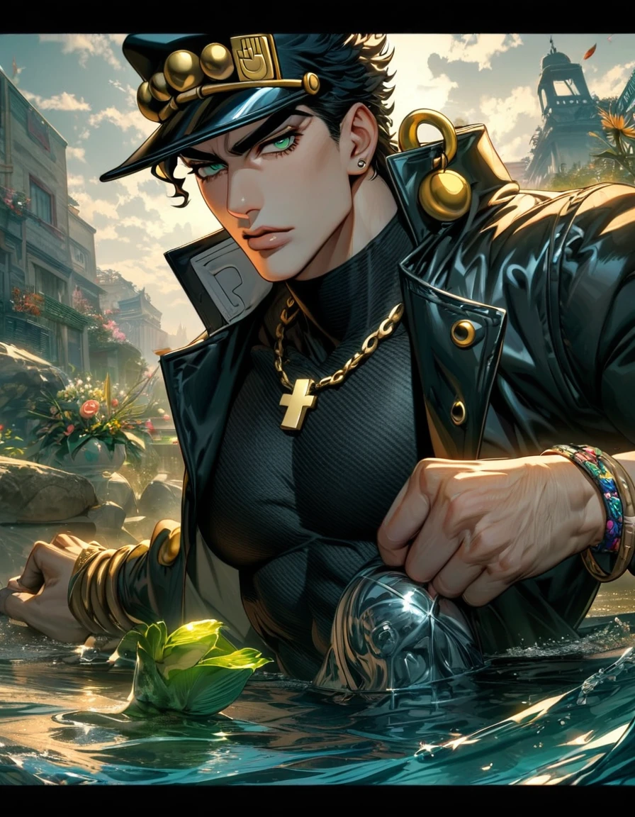 absurdres, highres, ultra detailed, HDR), masterpiece, Vibrant green eyes, Jotaro Kujo, jojo bizarre adventure, 1 adult man, adult face, handsome, black hair, black hat, clothed in solid black, black leather coat, black tight turtleneck shirt, his accessories are all silver and include bracelets, two cross necklaces, water, flowers