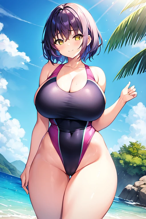 1girl, large breasts, breasts, wide hips, thick thighs, purple hair, short hair, very short hair, yellow eyes, one-piece swimsuit, blue swimsuit, competition swimsuit, black one-piece swimsuit, light smile, smile, hourglsss figure, toned, toned female, tall, tall female, mature female