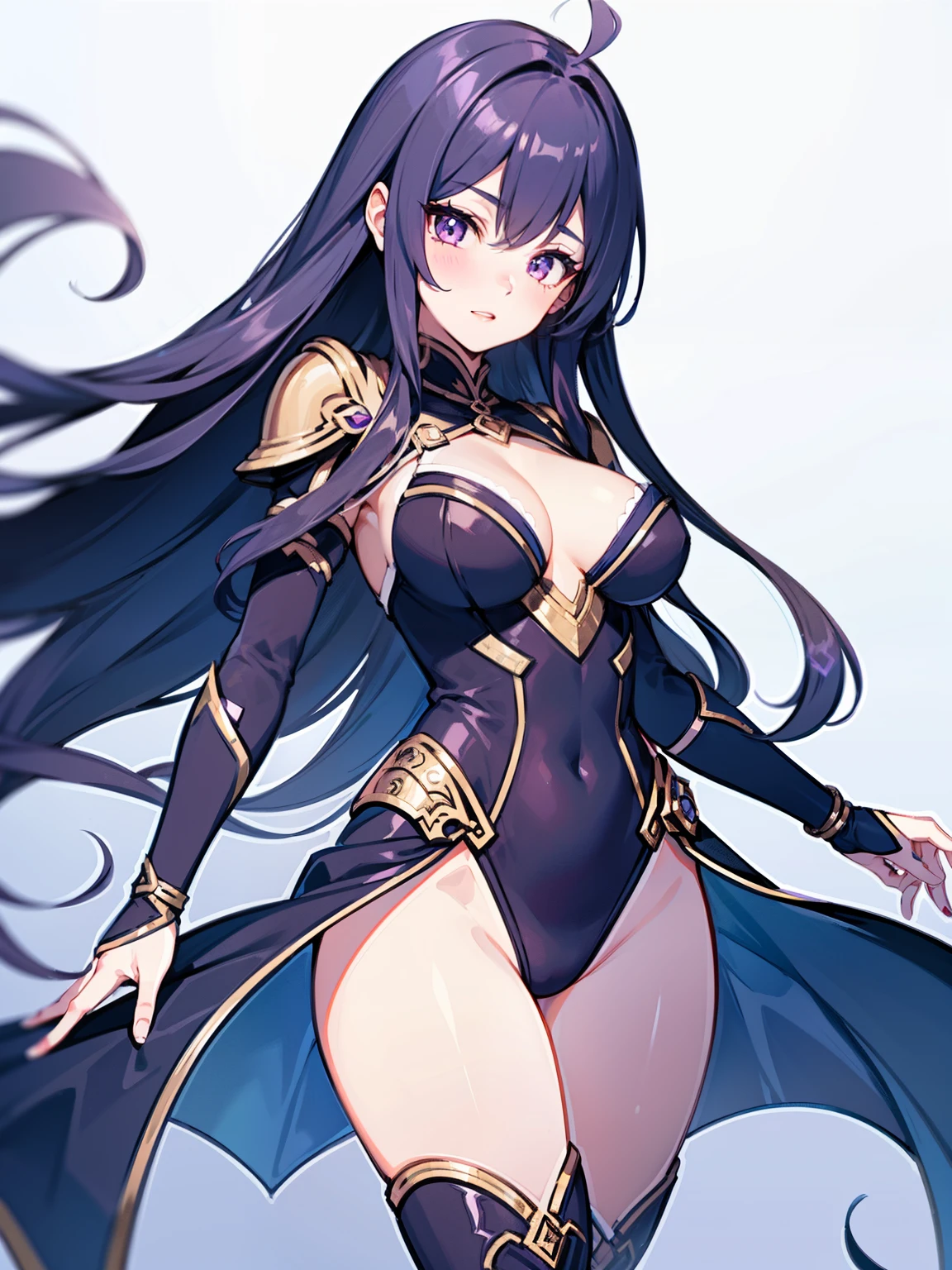 1girl has a tall figure and has long, medium purple hair. She wears a white leotard, combined with black line elements. She wears a white hair ornament and carries an extremely large golden sword. bare legs, white boots, full body, medium breasts