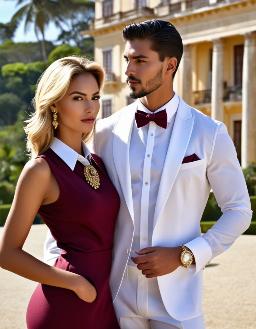 Generates a very professional and elegant photograph where the elegance of good dressing stands out, genera un modelo afroamericano masculino vestido de traje elegante color blanco con camisa y corbata vinotinto, zapatos casuales color vinotinto, He is next to a very beautiful blonde model, ella lleva un vestido largo elegante y atrevido color vinotinto ajustado al cuerpo pero formal, lleva joyas color dorado, aretes grandes y collar elegante dorado, pulseras doradas, toma a cuerpo completo, 8k UHD resolution, muy profesional, ultra sharp, apertura v4, beautiful mansion out of focus background , the couple represents the security of the gentleman and the feminine aesthetic, obra maestra