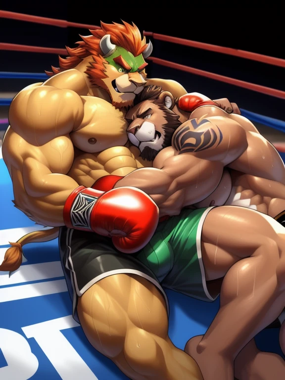 Duo male fighters(Bowser vs Lion, handsomes, perfect eyes, Thick eyebrows), beso gay(Cuddling lying down embraced in a boxing match), hot(Full body, shirtless), handsomes(They are handsomes, correct anatomy), musculosos(Big muscle bodies, Six packs, muscle abs, big pecs, muscle legs, muscle backs), sweaty(very sweaty wet bodies), tatuajes(they have tattoos), Angry(They have an angry expression), Boxing gloves(They both are wearing boxing gloves), boxers(They are wearing shorts boxers), Hight resolution