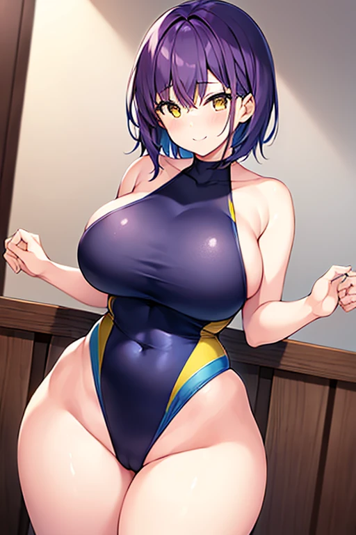 1girl, large breasts, breasts, wide hips, thick thighs, purple hair, short hair, very short hair, yellow eyes, one-piece swimsuit, blue swimsuit, competition swimsuit, black one-piece swimsuit, light smile, smile, hourglass figure, toned, toned female, tall, tall female