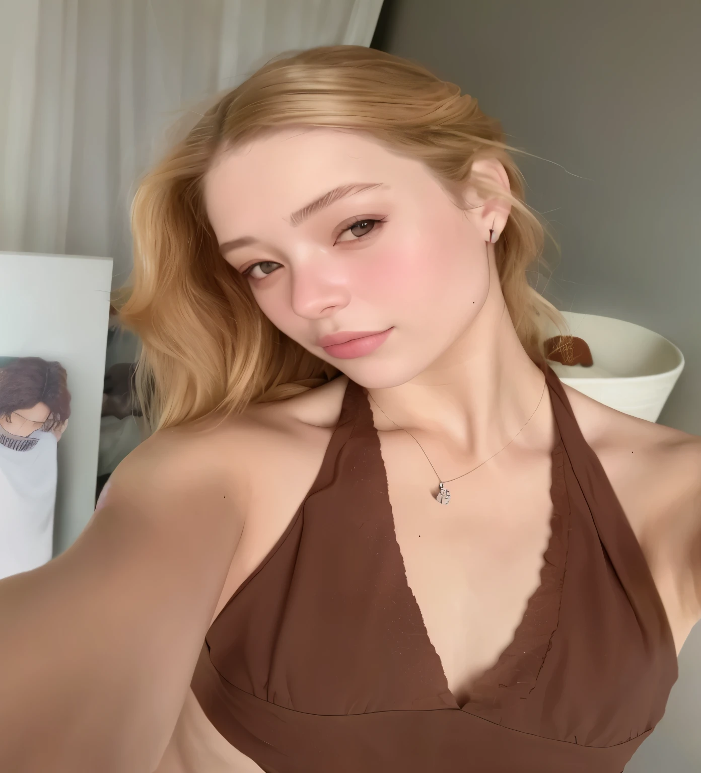 mulher loira com blusa marrom tirando selfie no quarto, face like exposed ester, Retrato de Sophie Mudd, Sidney Sweeney, imagem vazada, smooth, pale, flawless skin, with pale skin, Fotografia selfie 8k, pale and glowing skin, Her skin is light brown, 2 modelo feminino de 4 anos, natural soft pale skin, pele clara e lisa e bem contornada, olhar sensual