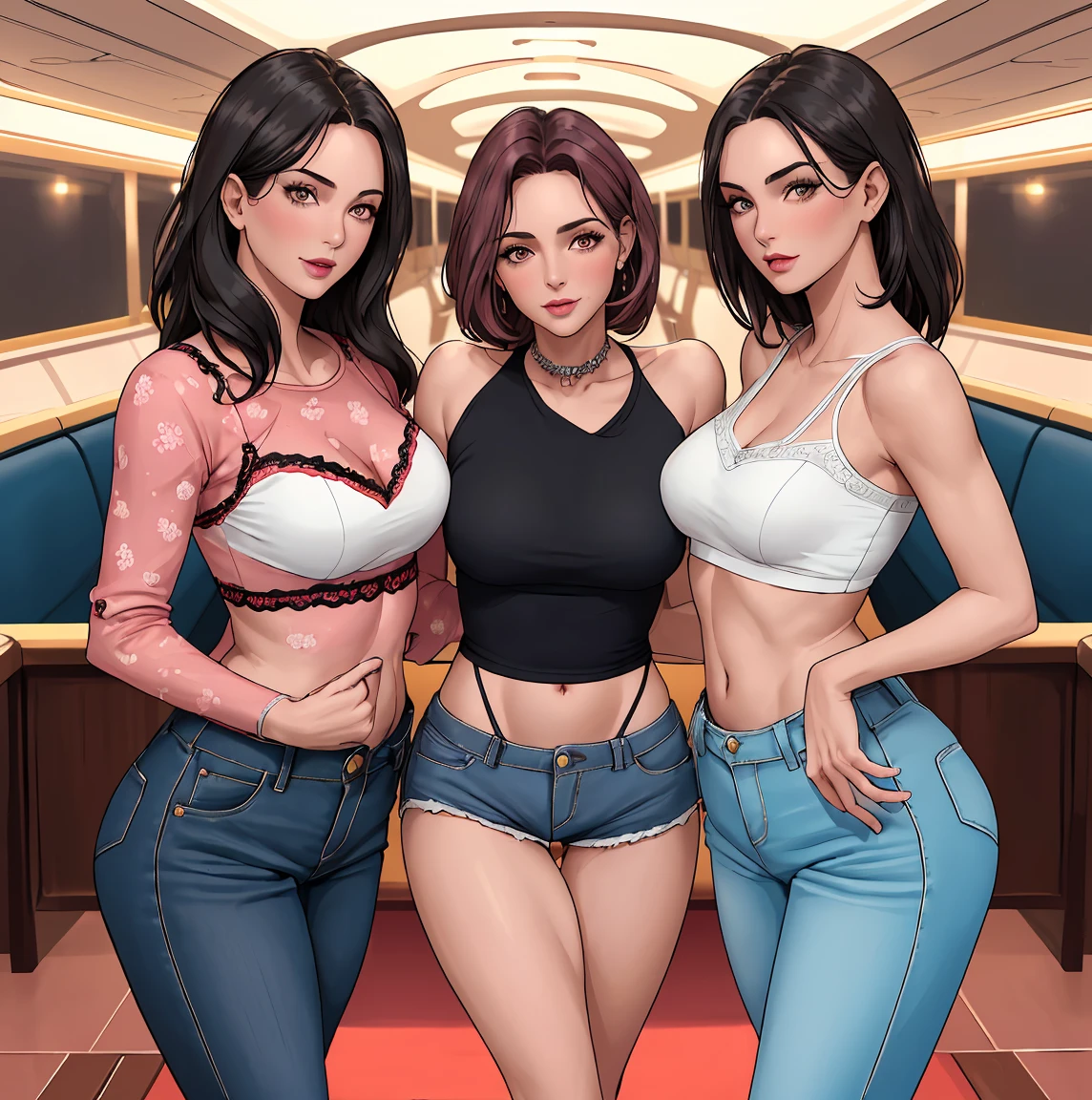 Mature 40 year old sexy triplets, imagen de cuerpo entero, imagen con una postura sexy y provocativa, imagen de cuerpo completo, cara y manos perfectas y definidas, en un crucero, ropa de pantaloneta o shorts rosado y blusa blanca 