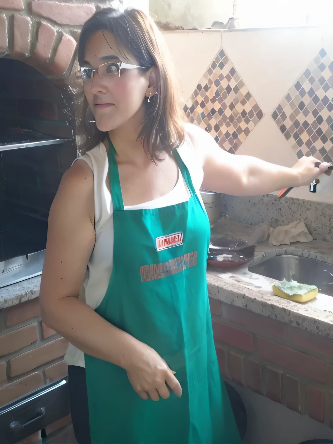 woman in a green apron holding a knife in front of a brick oven, pillar, cooks a squid, in an apron, cooking show, fitness, high quality photo, high resolution, masterpiece, 8k