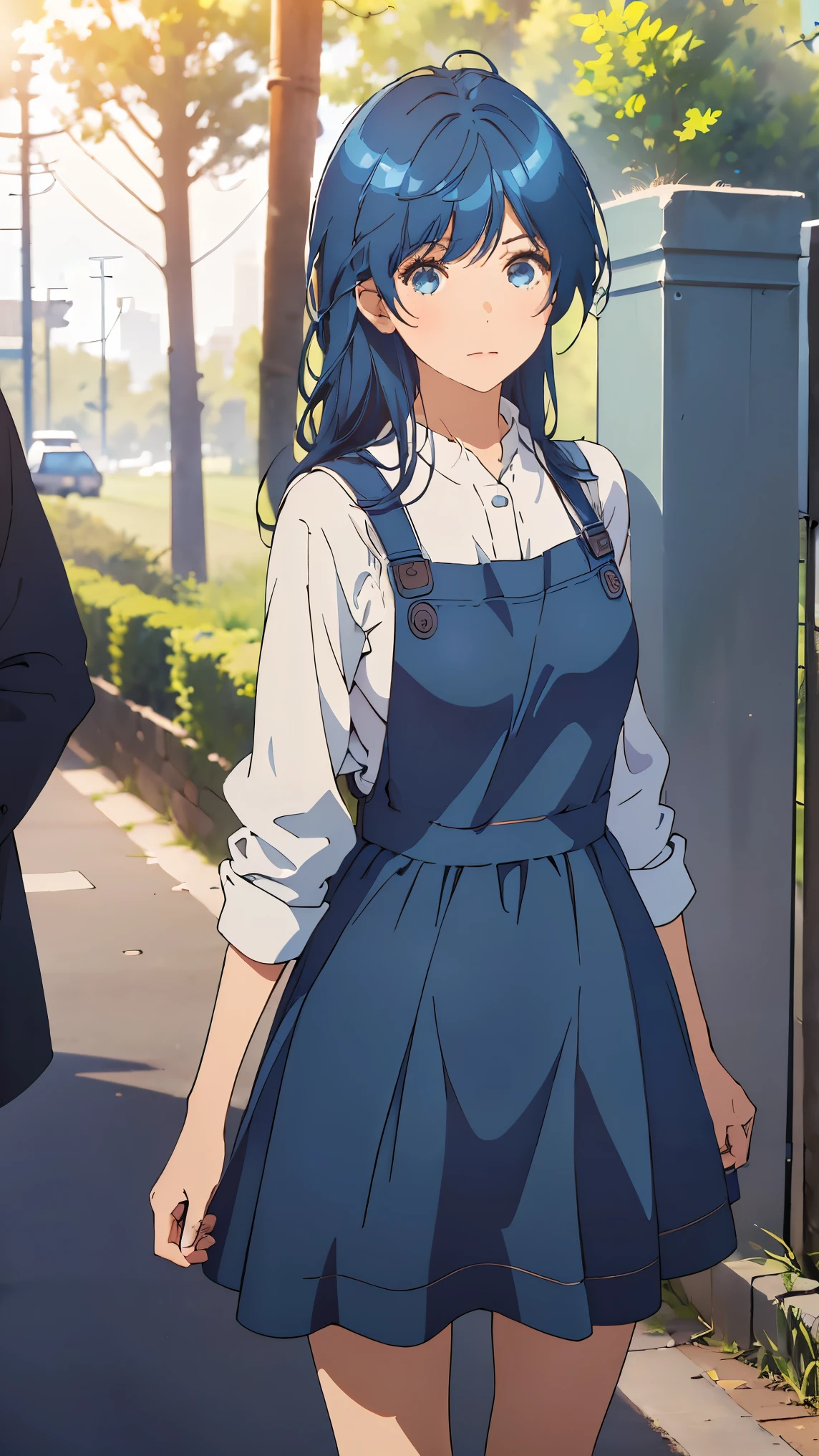 Girl1,dark blue hair(Pinafore Dress),(Stand in a public park),Highly detailed ,8K wallpapers،Highest quality, high resolution, beautiful lighting, realistic shadow, high resolution،(highly detailed, detailed faces and eyes, realistic eyes,full body,Looking at the viewer,cowboy shot) 