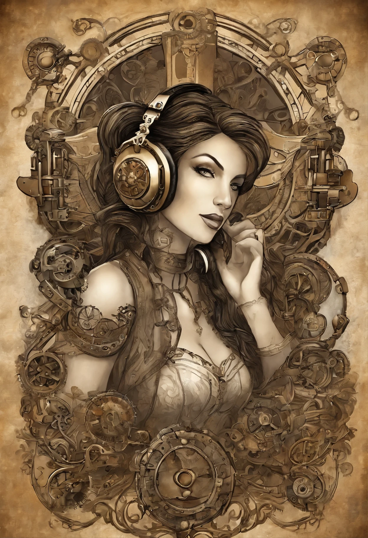 Describe a scene where an anime character is wearing headphones and listening to music. Detail her facial expression, the surrounding environment and any emotions or thoughts she may be showing while enjoying the music. Cabelo=preto, anime, pele branca