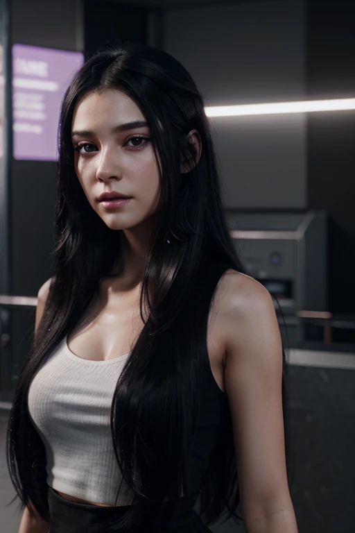 a young woman with long black hair, violet eyes, unreal engine, ultrarealistic