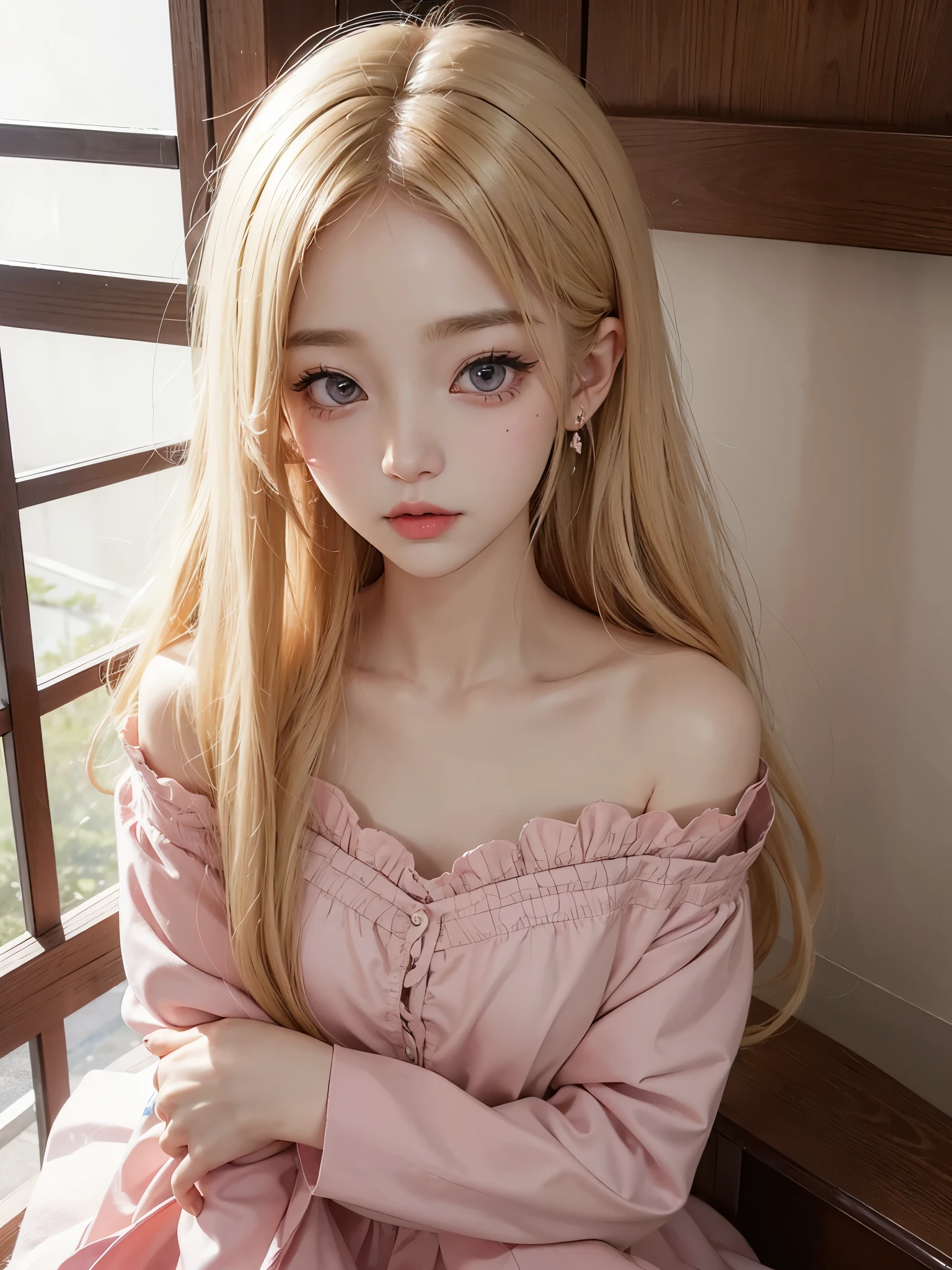 A young girl with very light blonde hair and pretty 20 years old, con cara de Wonyoung, Jang Wonyoung, doll eyes, estilo muy femenino, prendas con encaje, prendas rosadas. Chica japonesa, very tender asian girl with pale skin, ojos grandes, ojos de bambi, labios gruesos, ropa rosa, ella tiene el cabello muy largo, her face is pretty like a , se parece a Jang Wonyoung de ive, es Wonyoung, busto grande y notorio.