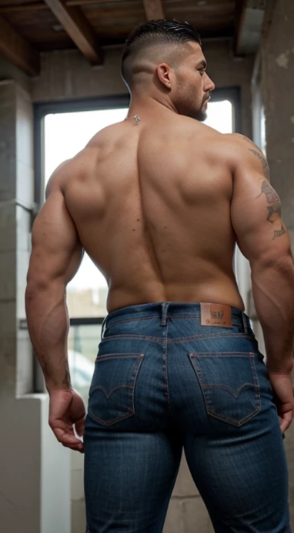 zeke_jaeger, Camiseta sin mangas, Calle, pecho peludo, ultra realista, brazos cruzados sobre el pecho, Brazos velludos, Vista frontal, sudor, tatuajes, cuerpo completo, musculoso y nalgon, Big muscular body, jeans backside bent over