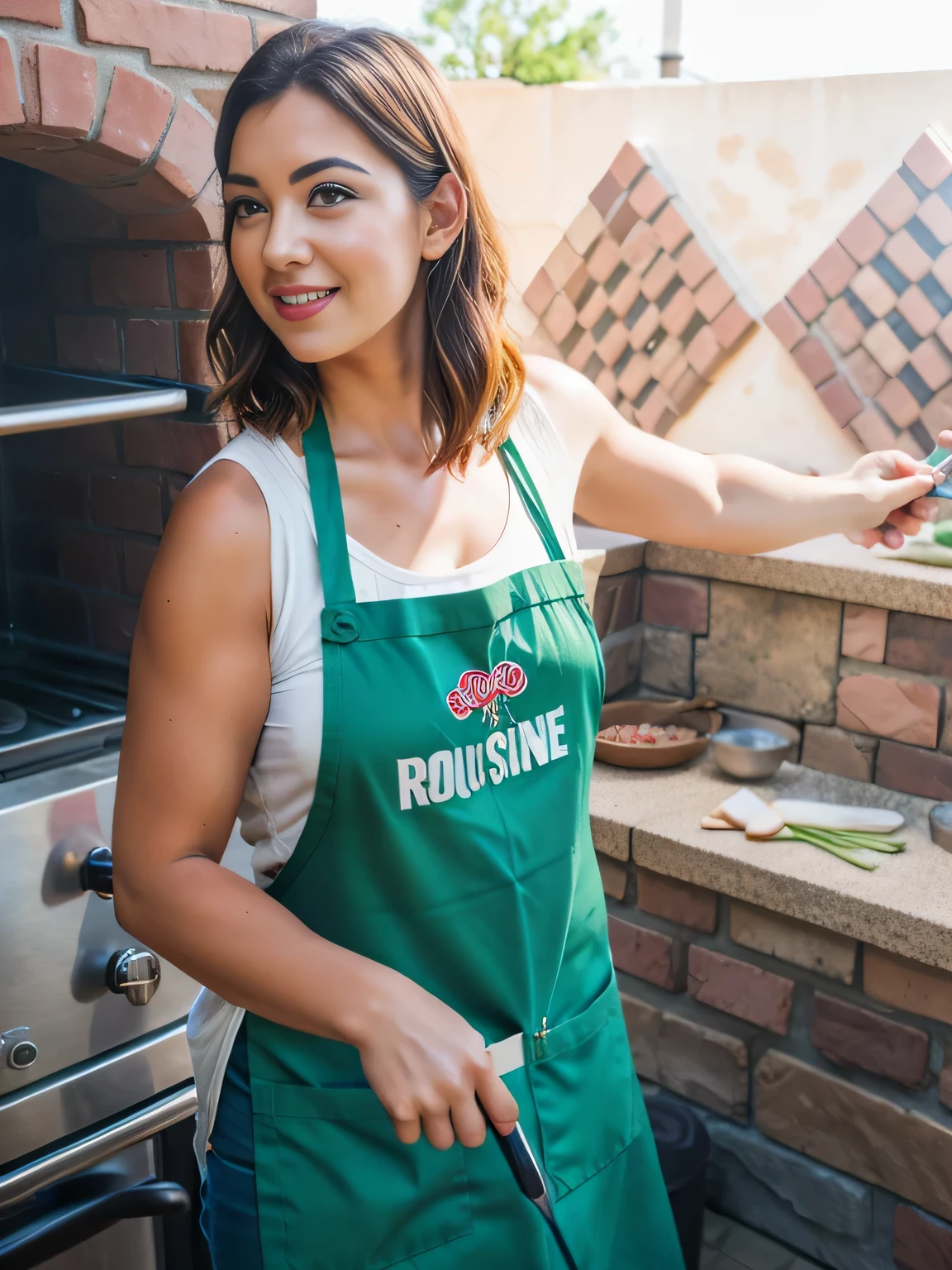 woman in a green apron holding a knife in front of a brick oven, pillar, cooks a squid, in an apron, cooking show, fitness, high quality photo, high resolution, masterpiece, 8k